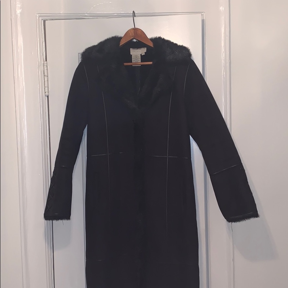 Faux Suede & Fur Maxi Coat w/ Faux Leather Detail